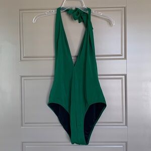 SOLID AND STRIPED GREEN DEEP V ONE PIECE BATHING SUIT MEDIUM